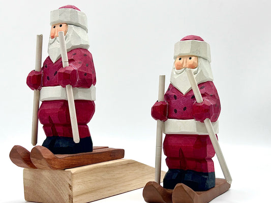 Skiing Santa Delight: Woodcarve Santa Claus in Skiing Doorstop & Ornaments