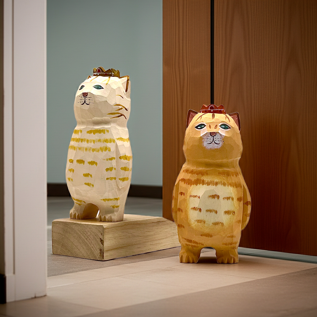 Crowned Majesty: Doorstop with Woodcarve Cat with Crown Ornament