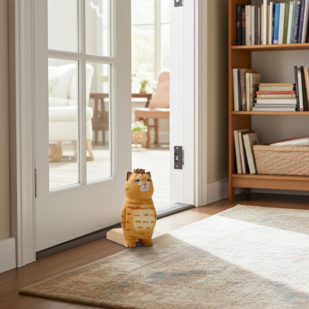Crowned Majesty: Doorstop with Woodcarve Cat with Crown Ornament